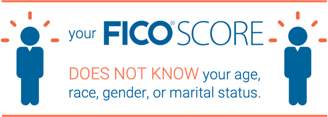 Image stating "your FICO Score does not know your age, race, gender, or marital status."